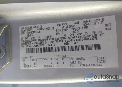 2013 Ford Escape Sel z USA, uszkodzony, nr VIN 1FMCU0HX8DUD22172